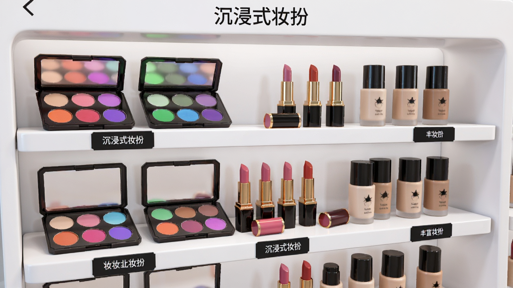 չʾ��Ϸ�ڻ�ױƷ�Ĳֿ���棬�����ɫ��Ӱ�̡��ں�ܺͷ۵�ƿ��3D��ʽ��������������ϣ���ǩ������ɫ�����ޣ���ӰЧ�����棬���֡�����ʽױ�硱�к���ױƷ�ķḻѡ��������ʱ�м�Լ����������