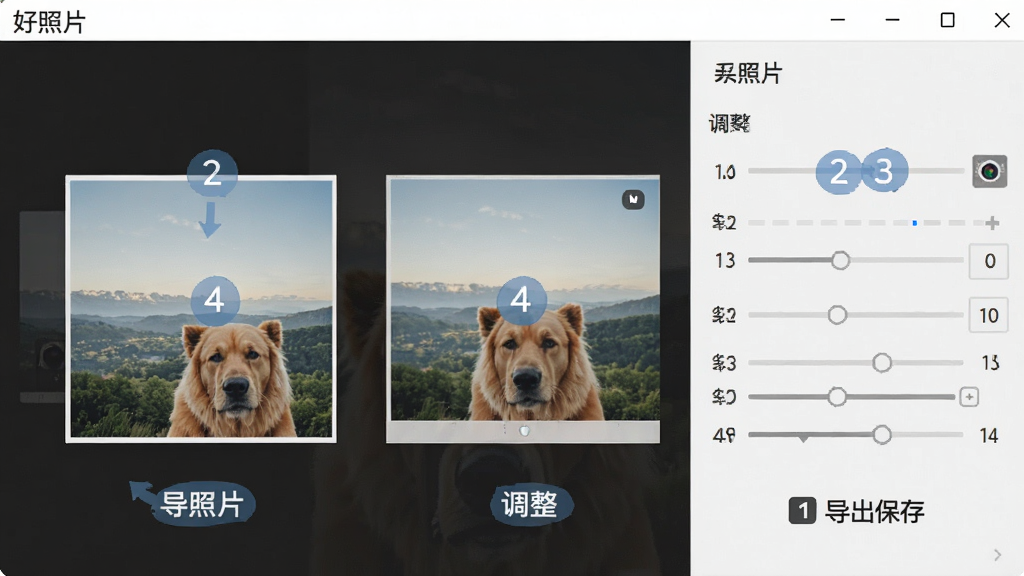 好照片使用教程截图,展示导入照片、调整参数、导出保存的完整流程,界面标注步骤序号,软件名称“好照片”清晰可见,画面简洁,无多余元素