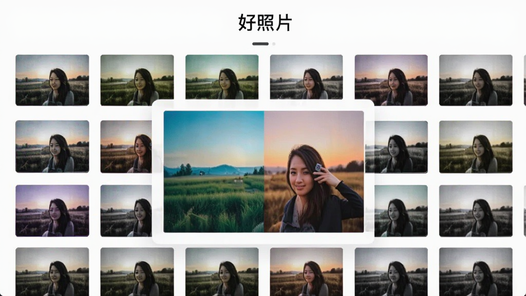 好照片创意滤镜库展示,多种风格滤镜缩略图整齐排列,中央为应用滤镜后的照片对比效果,色彩丰富,界面简洁,软件名称“好照片”出现在顶部,画面干净,无多余元素