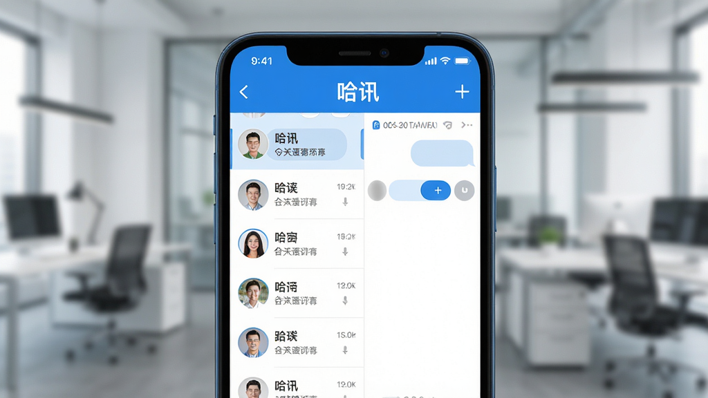 ��������Ϊһ�������ֻ���Ļ��д����Ļ������ʾ����Ѷ��APP�ĶԻ����棬���沼�����������Ϊ��ϵ���б����Ҳ�Ϊ���촰�ڣ��������������ɫ������ƽ����Ʒ�񣬽���ɾ����࣬ϸ�ڷḻ�����ʸ��壬������ͣ�����Ϊ�黯���ִ��칫�������޶���Ԫ�ء�