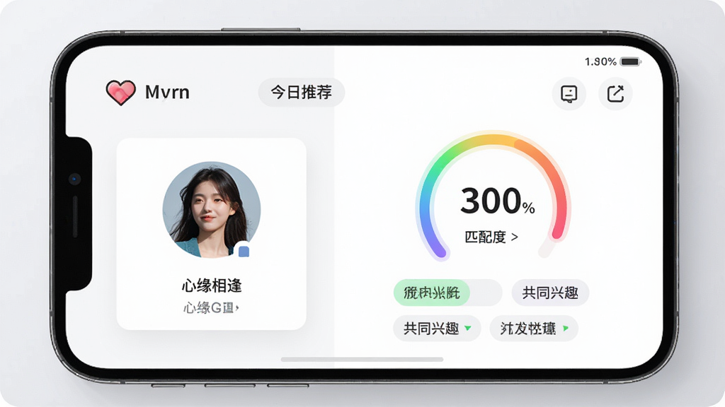 ��������Ϊ�����ֻ���Ļչʾ����Ե��ꡱAPP��ƥ��ҳ�棬������û�ͷ��Ƭ���Ҳ���ƥ��ȰٷֱȺ͹�ͬ��Ȥ��ǩ�����ֲ������ҷ������Ű�����������ִ���Լ��ϸ�ڰ�����ɫ�����ƥ����Ȼ��͡������Ƽ������������ʸ��壬UIϸ�ڷḻ���ɾ��޶���Ԫ�ء�