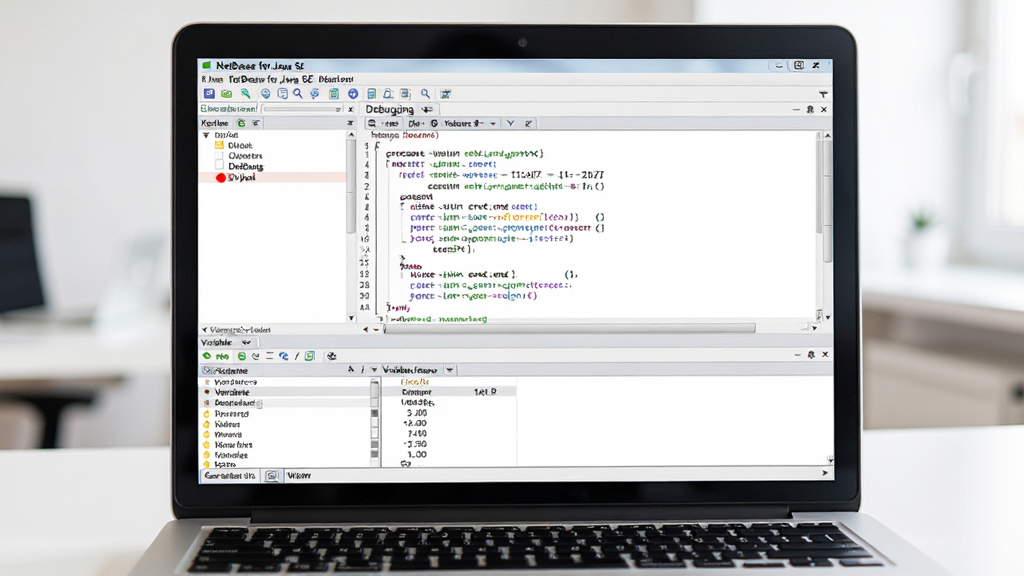 主体:笔记本电脑上显示NetBeans for Java SE 的调试界面,左侧有断点红点,下方有变量监视窗口。布局:电脑屏幕居中,环境简洁。排版:屏幕内代码清晰,调试工具栏可见。风格:明亮,办公风格。细节:屏幕上显示“Debugging”字样,变量窗口有数值。画质:高清,干净,无多余元素。