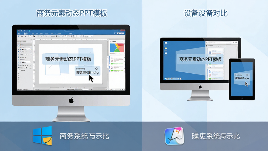 ��������Ϊ������Ļ����ʾ������Ԫ�ض�̬PPTģ�塱�༭���棬��Ļ�·�ΪWindows��Mac˫ϵͳ�л�ʾ��ͼ������Ϊ���ҷ��������Ϊ�༭���棬�Ҳ�Ϊ�豸�Աȡ����Ϊ��ѧָ�Ϸ磬ɫ����ǳ�����ɫΪ����ϸ�ڰ������ָ���������ʾ�򣬻��ʸ���ɾ����޶���Ԫ�ء�