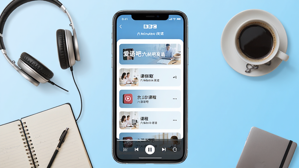 主视觉展示爱语吧BBC六分钟英语应用界面,智能手机居中,屏幕内显示课程列表与播放控制条,背景为浅蓝色渐变,配以耳机、笔记本、咖啡杯等学习元素,整体风格明亮清新,画质干净,无多余元素