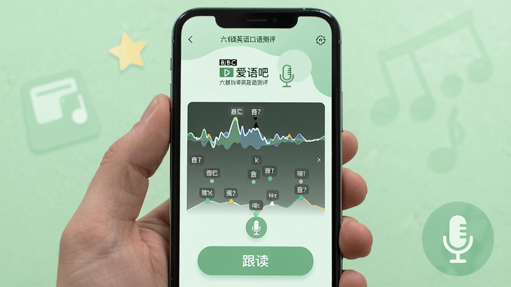 爱语吧BBC六分钟英语口语测评界面,手机屏幕显示打分波形与音节标注,下方为跟读按钮,背景为淡绿色清新风格,配以麦克风图标,画质干净