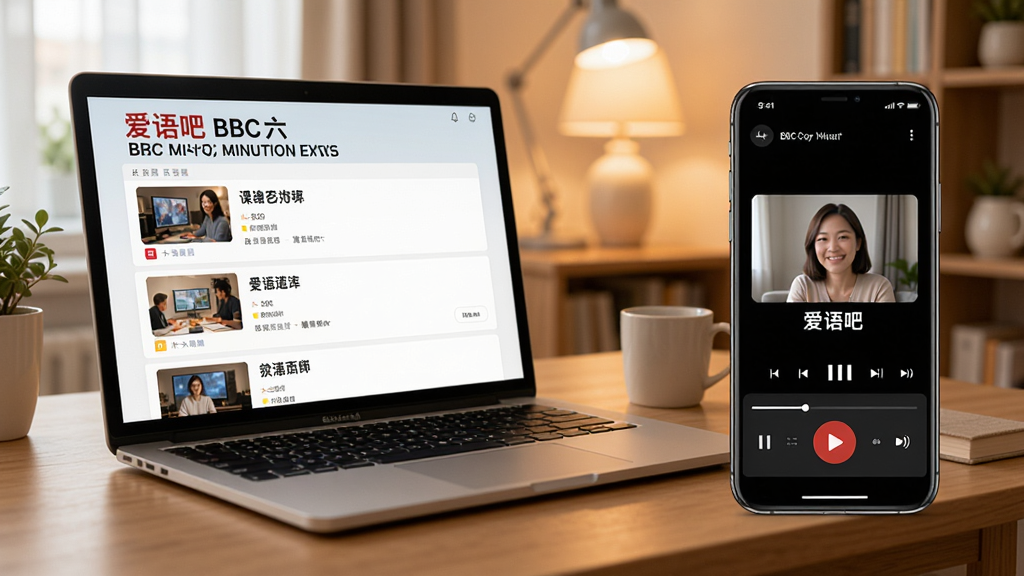 展示爱语吧BBC六分钟英语在电脑与手机上的使用场景,左侧为笔记本电脑显示课程列表,右侧为手机播放音频,背景为居家学习环境,暖色调,画质干净,无多余元素