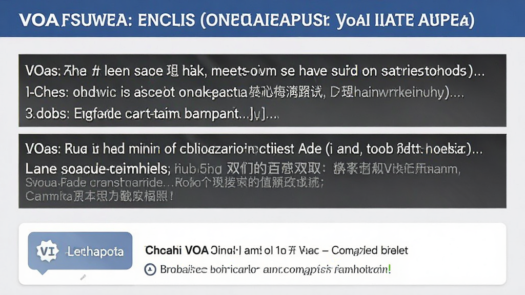 展示VOA常速英语双语字幕对照界面的预览图,上方为新闻标题,中间是英文和中文逐句对照的字幕,下方有查词结果卡片,界面简洁清晰,画质干净无多余元素