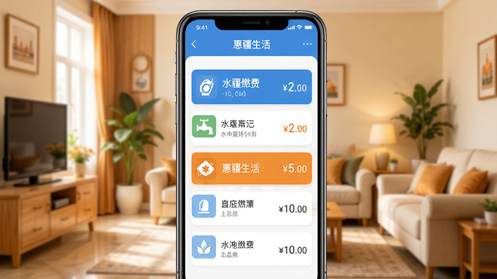 չʾ���ݽ����APP�ɷѹ��ܽ���ĸ����ͼ������������ˮ��ȼ���ɷ��б���ÿһ���ͼ��ͽ�����Ϊ�½���ͥ����������������ܰ����ƽ��UI��ƣ���ɫ���ɫ��׺���ɾ��޶���Ԫ�أ���������