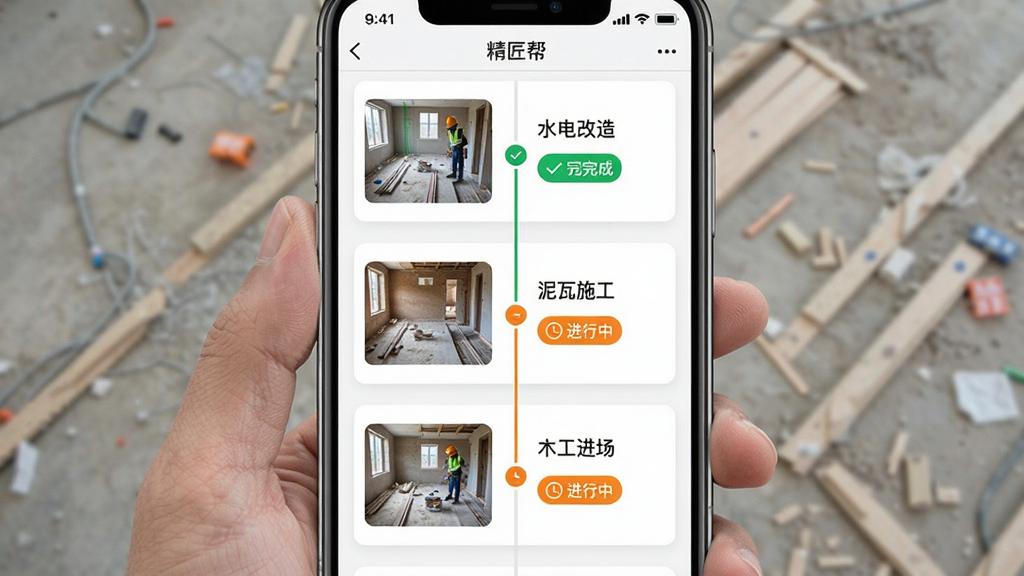 չʾ������APP�Ĺ��̽��ȹ������棬����Ϊ�ֻ���Ļ����ʾ��ʩ������ʱ���ᣬ������ˮ����족������ʩ������ľ���������Ƚ׶νڵ㣬ÿ�������ֳ�ʵ����Ƭ����ͼ��״̬��ǩ�������������У������ֱ�ۣ���ɫ�Թ���ʾ����ɣ���ɫʱ�ӱ�ʾ�����У������������ɾ��޶���Ԫ��