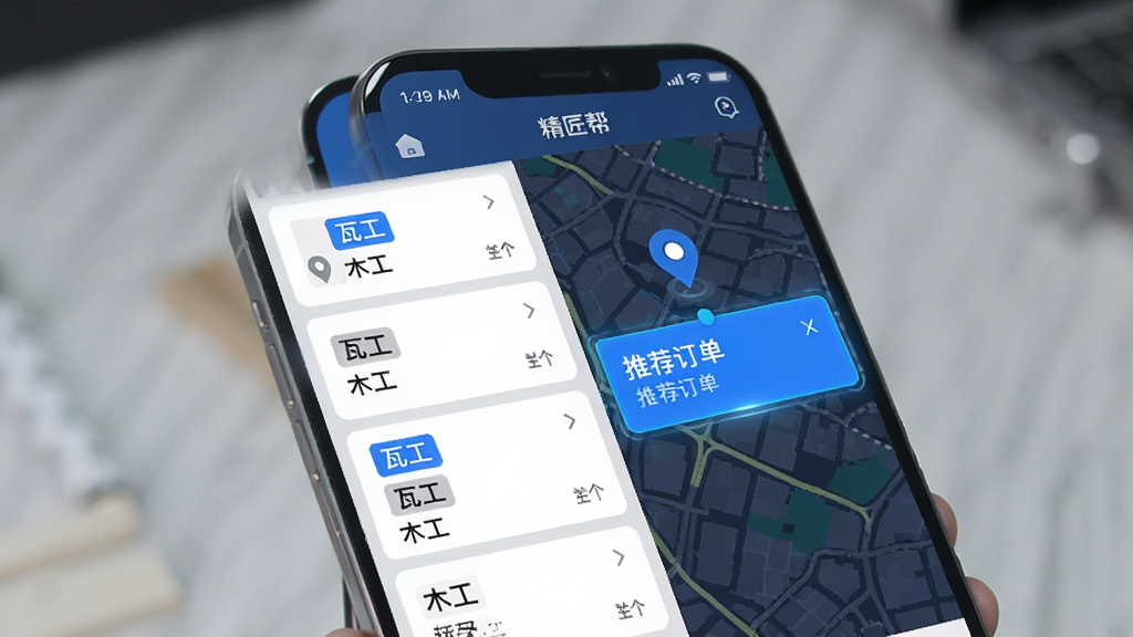 չʾ������APP�����ܶ���ƥ�书�ܽ��棬����Ϊ�ֻ���Ļ����ʾ�ĵ�ͼ��λ�붩����Ƭ����Ƭ�ϱ�ע���߹�����ľ�����ȹ��ֱ�ǩ��������Ϣ�����ֲ����б����ͼ˫��ͼ�л������Ƽ���ǿ����ɫ������ʾ�Ƽ������������������ɾ��޶���Ԫ��