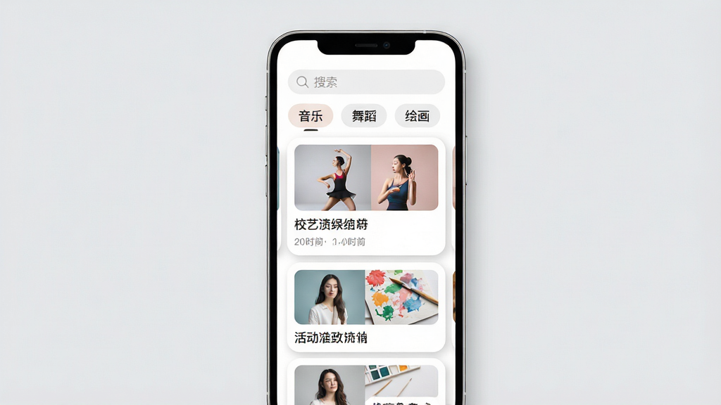 ����Ϊ�ֻ���ĻչʾУ��APP��Ѷҳ�棬ҳ�涥�����������·�Ϊ�����ǩ�硰���֡����赸�����滭��������Ϊ���Ƭ�б������ֲ���ƽ�ӹ�ͼ���ֻ����У�����Ϊ����ɫ���Ű�Ϊ�б�ʽ��ÿ�ſ�Ƭ����ͼƬ�����⡢ʱ�䡣���Ϊ������־�磬ɫ����͡�ϸ�ڰ�����ƬԲ�ǡ���ӰЧ�������ʸ��壬�ɾ��޶���Ԫ�ء�