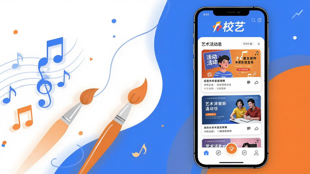 ����Ϊ�ֻ���ĻչʾУ��APP�����棬���涥���С�У�ա�����Logo���в�Ϊ�������Ϣ����Ƭ���ײ�Ϊ���ܵ����������ֲ�������ͼ���ֻ�����ƫ�ң���������������������ʵ�����Ԫ�ء��Ű���������Ϣ�㼶���������Ϊ�ִ���ƽ���廭�磬ɫ��������ã�����ɫ�ͳ�ɫΪ��ɫ����ϸ�ڰ�����Ƭ�ϵĻ��������ͼ������ͼ�ꡣ���ʸ��壬�ɾ����࣬�޶���Ԫ�ء�