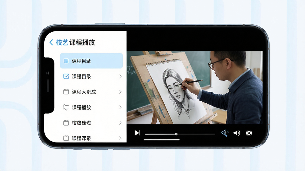 ����Ϊ�ֻ���ĻչʾУ��APP�γ̲���ҳ�棬���Ϊ�γ�Ŀ¼�б����Ҳ�Ϊ��Ƶ���Ŵ��ڣ���Ƶ��Ϊ��ʦʾ���滭���������ֲ������ҷ������ֻ����С��Ű��࣬Ŀ¼�������������Ϊѧϰ���߷磬ɫ���԰�ɫ��ǳ��ɫΪ����ϸ�ڰ������Ž�������������ѡ��ͼ�ꡣ���ʸ��壬�ɾ��޶���Ԫ�ء�