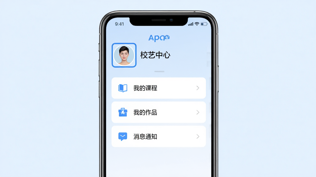 ����Ϊ�ֻ���ĻչʾУ��APP��������ҳ�棬����Ϊͷ����ǳƣ��·�Ϊ�����б��硰�ҵĿγ̡����ҵ���Ʒ������Ϣ֪ͨ�������ֲ����б�ʽ���ֻ����С����Ϊ�����ˬ�磬����Ϊ����ɫ��ϸ�ڰ���ͷ��߿��б�ͼ�ꡣ���ʸ��壬�ɾ��޶���Ԫ�ء�