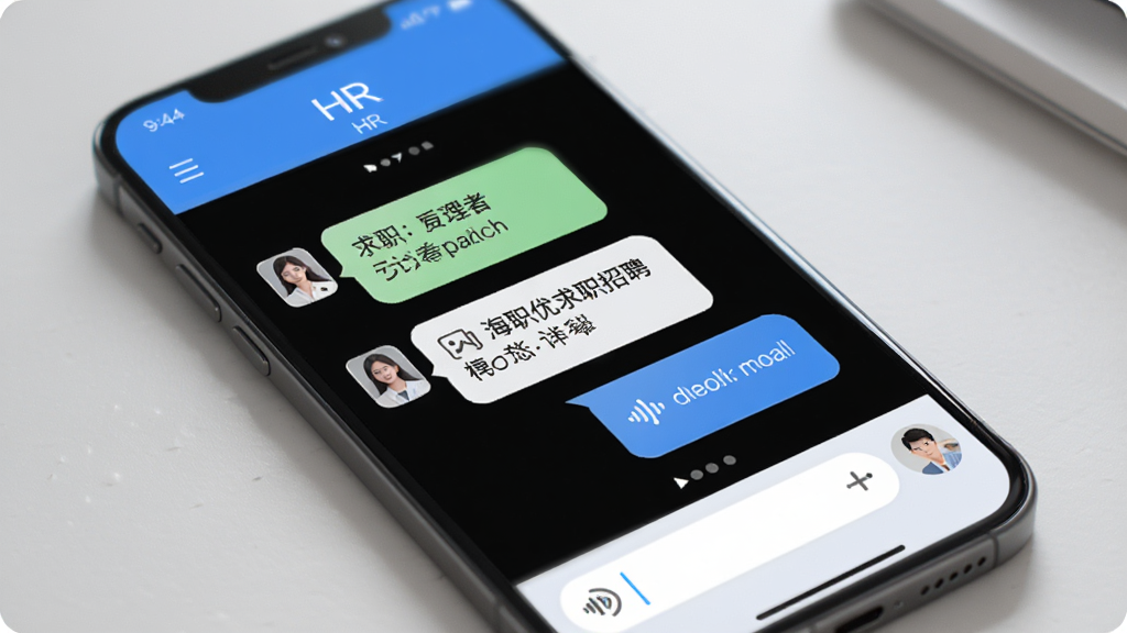 ��������ְ��ƸAPP����������ҳ�棬�ֻ���Ļ����ʾ��ְ����HR�ĶԻ����棬֧�ַ���ͼƬ������������ײ���������������࣬����ʽ���첼�֣������������޶���Ԫ��