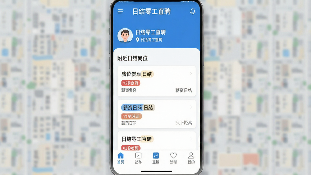 һ���ֻ�Ӧ�ý���ĸ���Ԥ��ͼ������Ϊ���ս��㹤ֱƸ��APP��ҳ���Ϸ���ʾ�û�ͷ��Ͷ�λ��Ϣ���в��ǡ������ս��λ���б���Ƭ��ÿ�ſ�Ƭ����չʾ��λ���ơ�н���ս��ǩ�;��룬�·�Ϊ�ײ������������岼�ּ�����ˣ�����������ɫ������ƽ����Ʒ�񣬽���ϸ�ڷḻ�����������ɾ����޶���Ԫ�أ�ͻ�����ս��㹤ֱƸ��Ʒ������