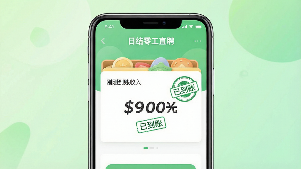 һ�š��ս��㹤ֱƸ��APPн�ʵ���֪ͨ�Ľ�ͼ���ͼ������Ϊ�ֻ���Ļ�ϵ�Ǯ��ҳ�棬������һ�ʸոյ��˵������¼���������ͻ����ʾ�������С��ѵ��ˡ�����ɫӡ��ͼ�꣬��Ļ�Ϸ��С��ս��㹤ֱƸ��������������Ϊ����ɫ�����½��䣬���дʵ������������������ͻ����ȫ�������У��޶���Ԫ�ء�