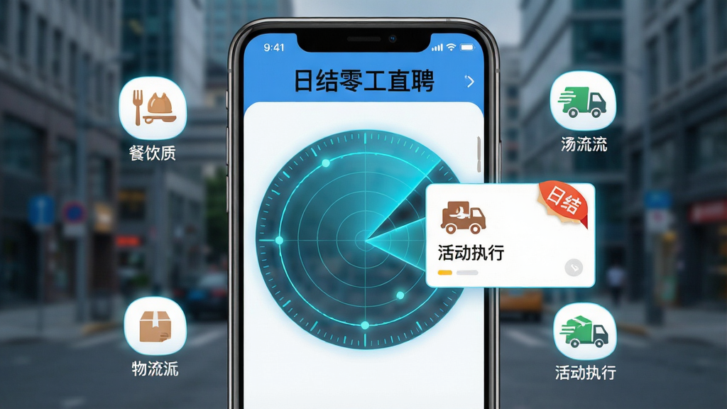 һ�š��ս��㹤ֱƸ��APP����ƥ�书�ܵĸ���ͼ������Ϊ�ֻ���Ļ��һ��������״�ɨ�趯������Χɢ���Ŵ�����ͬ��λ��ͼ�꣨��������������ִ�У����״�ɨ���׼�������Ŵ�����һ����λ��Ƭ����Ƭ�ϱ��С��սᡱ���£�����Ϊģ���ĳ��н־�����ͼͻ���Ƽ�����Ч�ʸУ��������ִ���࣬�����������޶���Ԫ�ء�