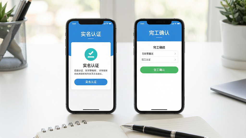 һ�š��ս��㹤ֱƸ��APPʹ�ý̵̳���ͼ������Ϊ�����ֻ����Űڷţ�����ֻ���ʾ��ʵ����֤��ҳ�棬�ұ��ֻ���ʾ���깤ȷ�ϡ�ҳ�棬�·����űʼǱ��ͱʣ����滷�����࣬������дʵ��������������ͼ���������ʸߣ��޶���Ԫ�ء�