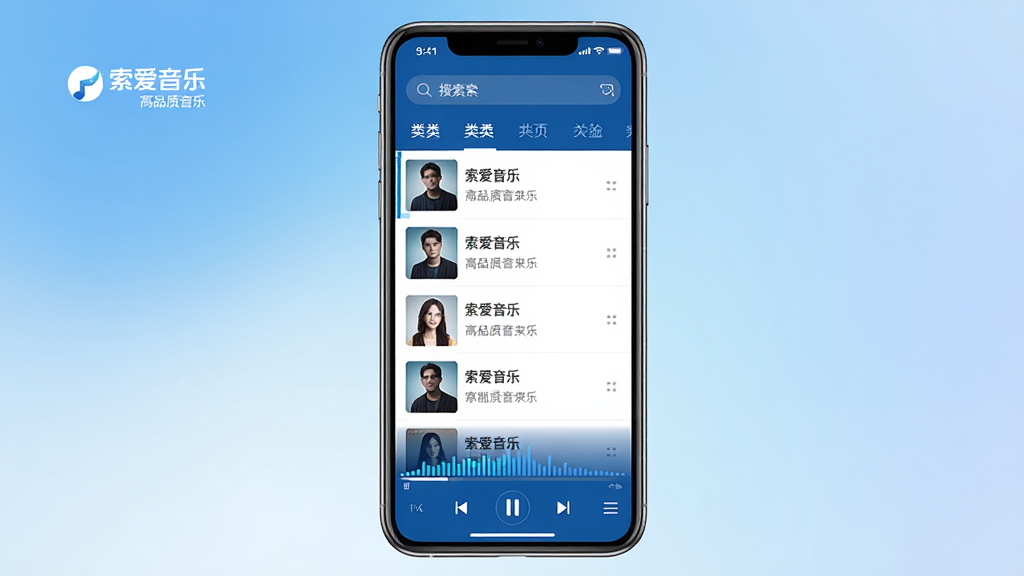 主体:索爱音乐APP的完整界面展示,手机屏幕居中,界面清晰显示歌曲列表、播放控制栏和专辑封面。布局:手机竖屏展示,UI元素从上到下依次为搜索栏、分类标签、歌曲列表、底部播放条。排版:简洁现代,列表式布局,信息层级分明。风格:写实风格,高清渲染,色彩以品牌蓝色和白色为主,搭配柔和渐变背景。细节:屏幕中显示“索爱音乐”Logo和“高品质音乐”字样,播放界面带有动态频谱效果。画质:8K超高清,干净,无多余元素。