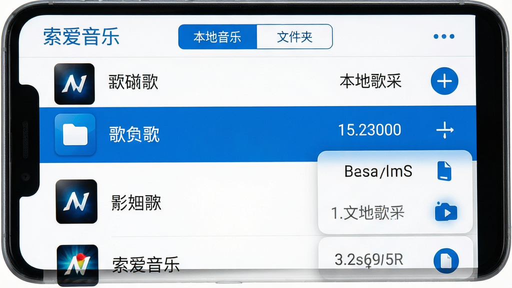 主体:手机屏幕上显示索爱音乐APP的本地文件管理界面,列表展示歌曲名称、歌手和文件大小。布局:列表视图,每行左侧是歌曲图标,中间是歌曲信息,右侧是操作按钮。排版:信息排列整齐,行间距适中,顶部有“本地音乐”和“文件夹”切换标签。风格:简洁商务风,蓝白配色,背景为纯白色。细节:界面左上角有“索爱音乐”文字标识,一个文件被高亮选中显示操作菜单。画质:清晰锐利,干净,无多余元素。