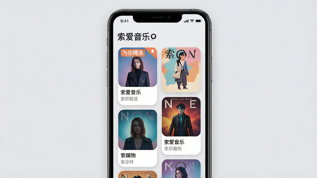 主体:索爱音乐APP的“每日推荐”页面,手机屏幕内展示多张风格各异的音乐专辑封面卡片。布局:瀑布流式卡片布局,错落有致,每张卡片下方标注歌曲名和歌手。排版:卡片圆角设计,间距均匀,视觉焦点集中在封面艺术图上。风格:扁平化与拟物结合,色彩鲜艳明快,背景为浅灰色。细节:页面顶部有“索爱音乐”字样,一张卡片上标注“为你精选”标签。画质:高分辨率,干净,无多余元素。
