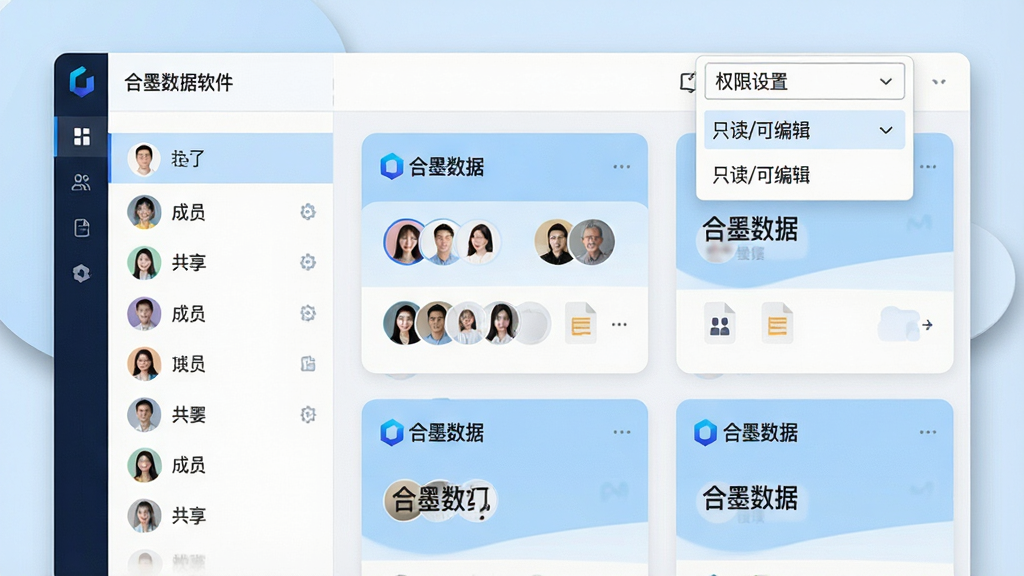 ���壺��ī�����������Ŷ�Э�����棬��Ļ����ʾ����û�ͷ��͹����ĵ��б������֣����Ϊ��Ա�б����Ҳ�Ϊ������Ŀ��Ƭ��������Ȩ�����������˵����Ű棺��Ƭʽ���֣�ͷ��Բ�����С��������磬ǳ��ɫ����ϸ�ڣ���Ƭ���С���ī���ݡ�Logo��Ȩ�޲˵���ʾ��ֻ��/�ɱ༭��ѡ���������͵���Ӱ�����ʣ��������ɾ����޶���Ԫ�ء�