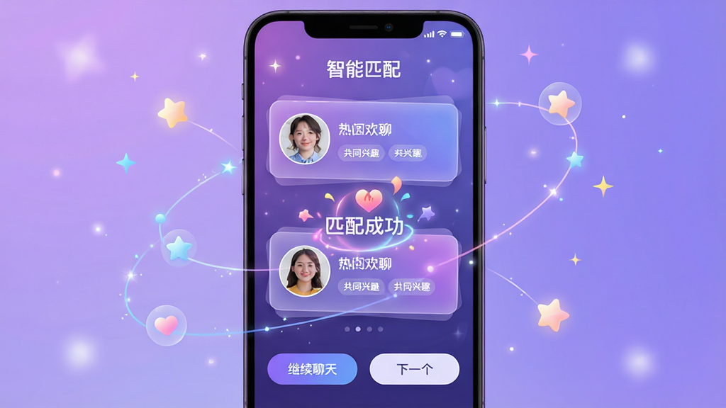 ���壺һ��չʾ��ǣ�ֻ��ġ�App����ƥ�书�ܵ��ֻ����棬��Ļ���������û���ͷ��Ƭ���м��С�ƥ��ɹ����Ķ���Ч�������֣��ֻ�������У���������͵Ľ�����ɫ����Χ����˸�����Ǻ�������ͼ�꣬ͻ��ƥ��ĿƼ��С��Ű棺ͷ��Ƭ�������У������С�����ƥ�䡱���ܱ��⣬�·��С��������족�͡���һ������ť����񣺿Ƽ���UI��ƣ�����λõĽ���ɫ�ʣ�����ִ��Ҿ����׺�����ϸ�ڣ�ͷ��Ƭ����ʾ�û��ǳƺ͹�ͬ��Ȥ��ǩ������ɾ����޶���Ԫ�أ����ʸ��塣