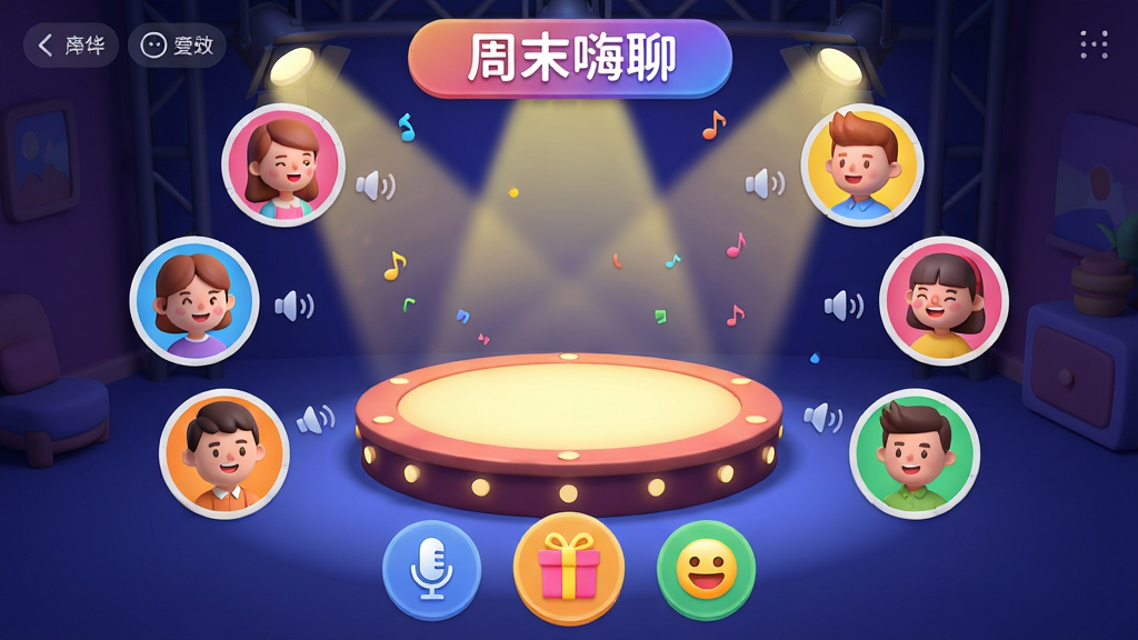 ���壺��ǣ�ֻ��ġ�App�ġ������ɶԡ����ܽ��棬չʾһ���������������ҵĳ������������ж����ͨͷ�����ڷ��ԡ����֣�����������һ��Բ����̨����Χ�ֲ��Ų����ߵ�ͷ�񣬶����з����������ơ���ĩ���ġ����Ű棺�����ߵ�ͷ�񰴻������У��ײ�����˷硢�������Ȳ�����ť����񣺻��õ�3D��ͨ���ɫ�����������������������ա�ϸ�ڣ���̨�����о۹��Ч����ͷ������������������������ϸ��ɾ����޶���Ԫ�ء�