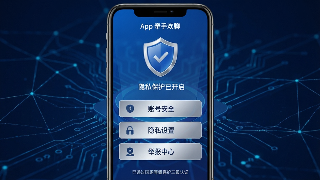 ���壺һ��չʾ��ǣ�ֻ��ġ�App��ȫ���Ľ�����ֻ���Ļ����Ļ���ж���ͼ��͡���˽�����ѿ��������������֣��ֻ�������У�����������ɫ�Ƽ�����������������ͼ��λ����Ļ�����Ϸ����Ű棺������ϵ�������Ϊ���˺Ű�ȫ��������˽���á������ٱ����ġ�����������ڡ���񣺼������İ�ȫ�Ƽ��������ɫ����ɫΪ��ɫ�������˿ɿ��С�ϸ�ڣ�����ͼ�����жԹ�����Ļ�·���һ��С�֡���ͨ�����ҵȼ�����������֤�������ʸɾ����޶���Ԫ�ء�