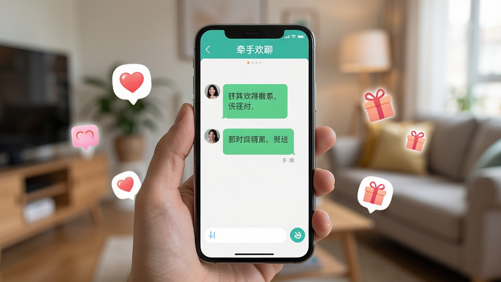 ���壺һ���ֻ�չʾ��ǣ�ֻ��ġ�App��������棬������ģ�������ڻ������ֻ���Ļ���жԻ����ݡ����֣��ֻ�λ�ڻ������룬��Ļ���ϣ���Χɢ����һЩ�罻ͼ���簮�ġ�����Ű棺��Ļ����ʾ����������Ϣ���ײ��������ͷ��Ͱ�ť�����дʵ�����񣬹�����ͣ�ͻ���ֻ���Ļ����ʾ���ݡ�ϸ�ڣ���Ļ�Ϸ��С�ǣ�ֻ��ġ������������������֣������������ɾ����޶���Ԫ�ء�