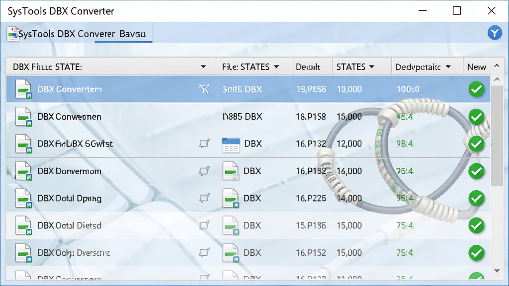 ���壺SysTools DBX Converter����ת�����棬��ʾ���DBX�ļ��Ŷ�ת�������֣��б���ͼ��ÿ����ʾ�ļ�״̬���Ű棺����ı��񣬷�񣺼������ϸ�ڣ��ļ�������ɫ��ѡ��ǣ����ʣ����壬�ɾ����޶���Ԫ��