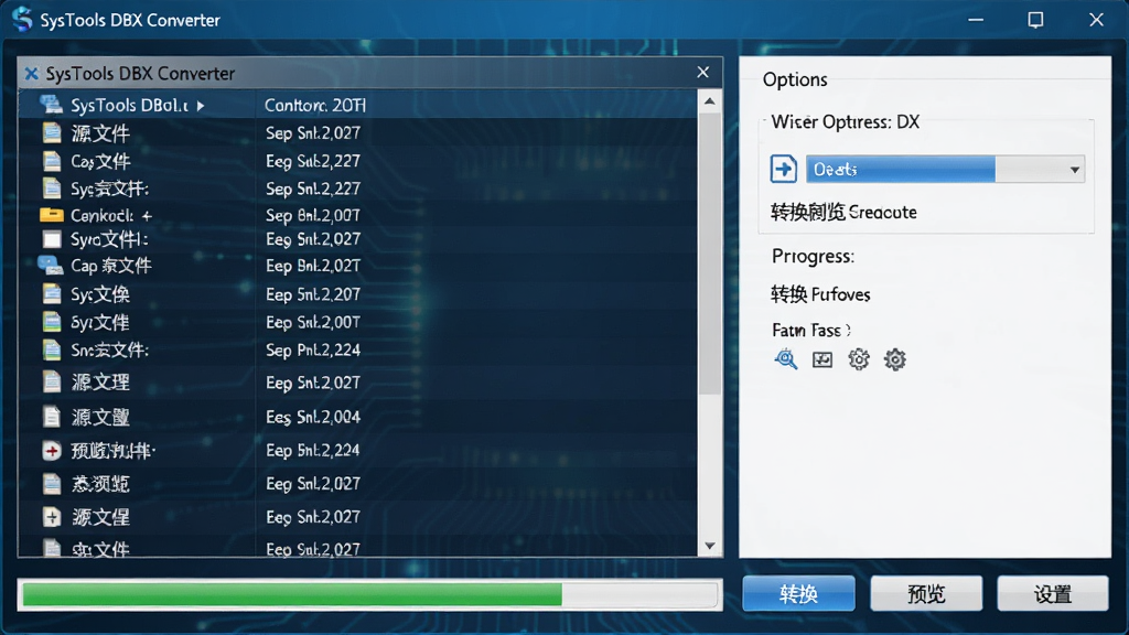 ���壺SysTools DBX Converter���������ͼ����ʾ�����ں�ת�������������֣����й�ͼ�����ΪԴ�ļ��б����Ҳ�Ϊת��ѡ��Ű棺�����ķ�����ƣ�����ִ��Ƽ��У�ϸ�ڣ����������ת��������Ԥ�����������á���ť�����ʣ����壬�ɾ����޶���Ԫ��