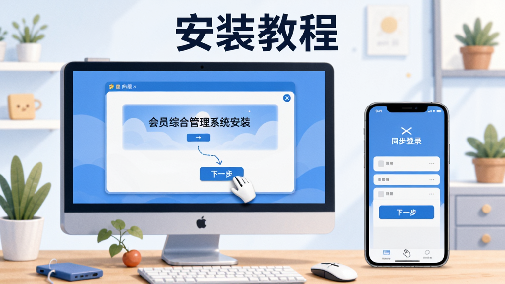 ��Ա�ۺϹ���ϵͳ��װ�̳̲���ʾ��ͼ��������Ļ��ʾ��װ�򵼽��棬���������һ������ť���Ա����ֻ���ͬ����¼���棬����Ϊ��ˬ����̨�����֡���װ�̡̳����廭���ϸ�ڷḻ����������