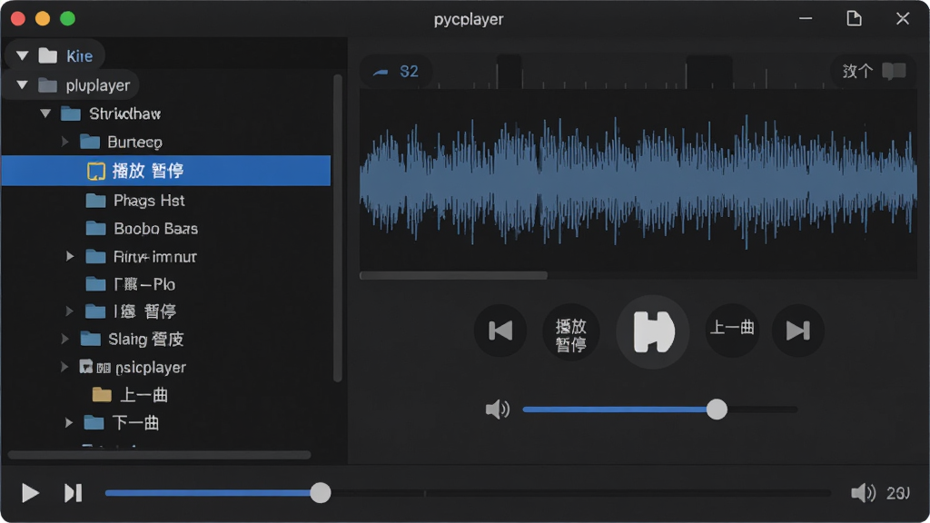 ���壺pycplayer���������棬չʾ�����б�����Ƶ���Ρ����֣����Ϊ�ļ������Ҳ�Ϊ���ſ��������ײ�Ϊ���������Ű棺������ɫ���⣬������ʾ��ǰ������Ŀ������ִ���ƽ����ƣ����ɾ���ϸ�ڣ��������������/��ͣ��������һ����������һ������ť���������������ɼ������ʣ�������Ⱦ���޶���Ԫ�ء�