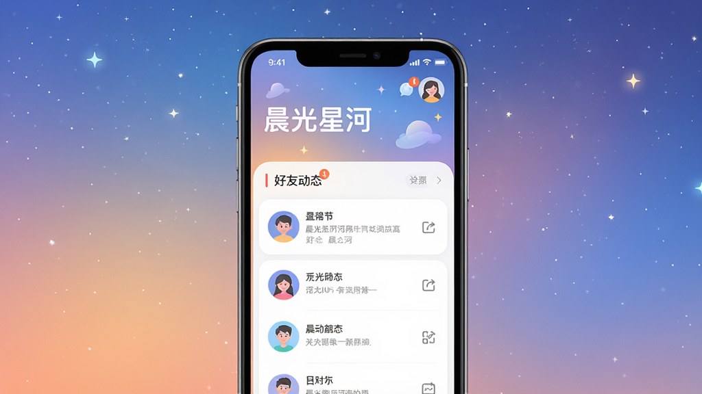 ���壺�����Ǻ�App�Ľ���չʾ��һ���ֻ���Ļ��ʾ�����棬�������С������Ǻӡ������ͺ��Ѷ�̬�б������֣��ֻ����У���Ļ���������ɼ�������Ϊ����ɫ�ǿա��Ű棺���沼�ּ�࣬����ͼ���������򡣷���ִ���ƽ����ƣ�ɫ��������͡�ϸ�ڣ���Ļ������Ϣ֪ͨͼ����û�ͷ�������Χ��ܰ�����ʣ�������Ⱦ���ɾ����޶���Ԫ�ء�