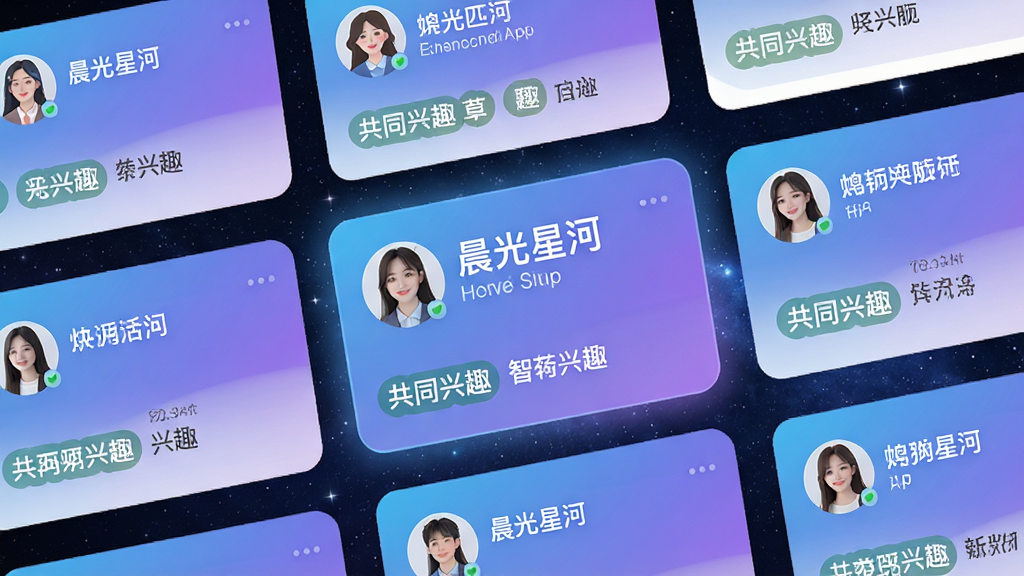���壺�����Ǻ�App������ƥ�书��ʾ��ͼ��������ʾ����û���Ƭ��ÿ�ſ�Ƭ������Ȥ��ǩ�����֣���Ƭʽ���У�������һ�Ÿ����Ƽ���Ƭ�����С������Ǻӡ��������Ű棺��Ƭ�������У���Ϣ������������¼�Լ����ɫ�����Ͻ���Ϊ����ϸ�ڣ���Ƭ����ʾ�û�ͷ���ǳƺ͹�ͬ��Ȥ������Ϊ�ǿ�Ԫ�ء����ʣ����壬�ɾ����޶���Ԫ�ء�