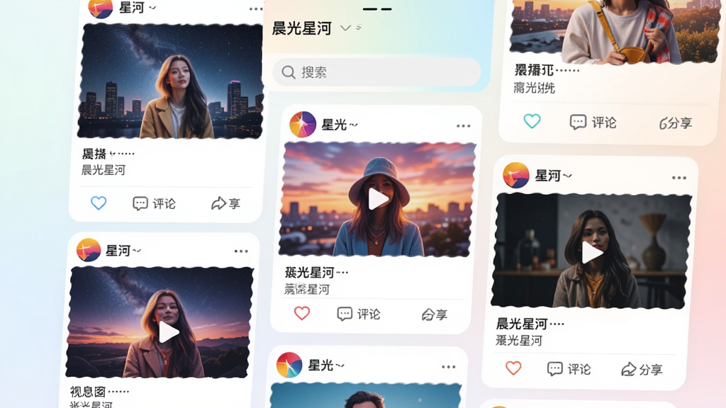 ���壺�����Ǻ�App��̬�㳡���棬չʾ�û�������ͼƬ����Ƶ��̬�����֣��ٲ�����ʽ�����ſ�Ƭ�������У������С������Ǻӡ����������������Ű棺��Ϣ�����֣���̬��Ƭ����ͼ���������������ʱ�л��ã�ɫ�ʷḻ��ϸ�ڣ���̬�·��е��ޡ����ۺͷ���ͼ�꣬����Ϊǳɫ���䡣���ʣ�������Ⱦ���ɾ����޶���Ԫ�ء�
