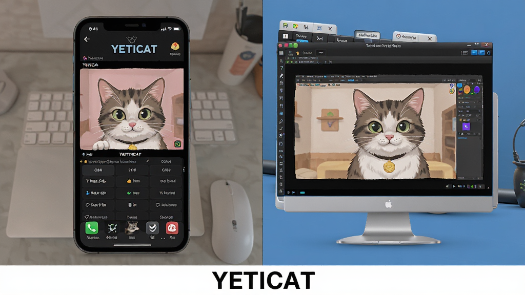 һ��YETICAT���ֻ�����������еĶԱ�ͼ�����������ҷ�����������ֻ����棬�ұ���ģ�������ڣ�����Ϊ�Գ�ʽ���Ű����������дʵ��ϸ�ڰ�����Ļ�ڵ�Ӧ�û��棬���ʸ��壬�޶���Ԫ�أ�ͼƬ�·��С�YETICAT������