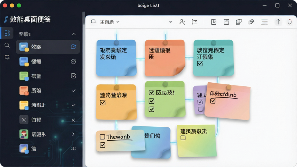 一张“效能桌面便笺”功能展示图,主体是软件主界面,左侧为便签列表,右侧为编辑区域,中间显示多张彩色便签,包含文本和复选框,布局为左右结构,排版简洁,风格商务且科技感,细节展示便签的圆角、阴影和字体样式,画质清晰,干净无多余元素