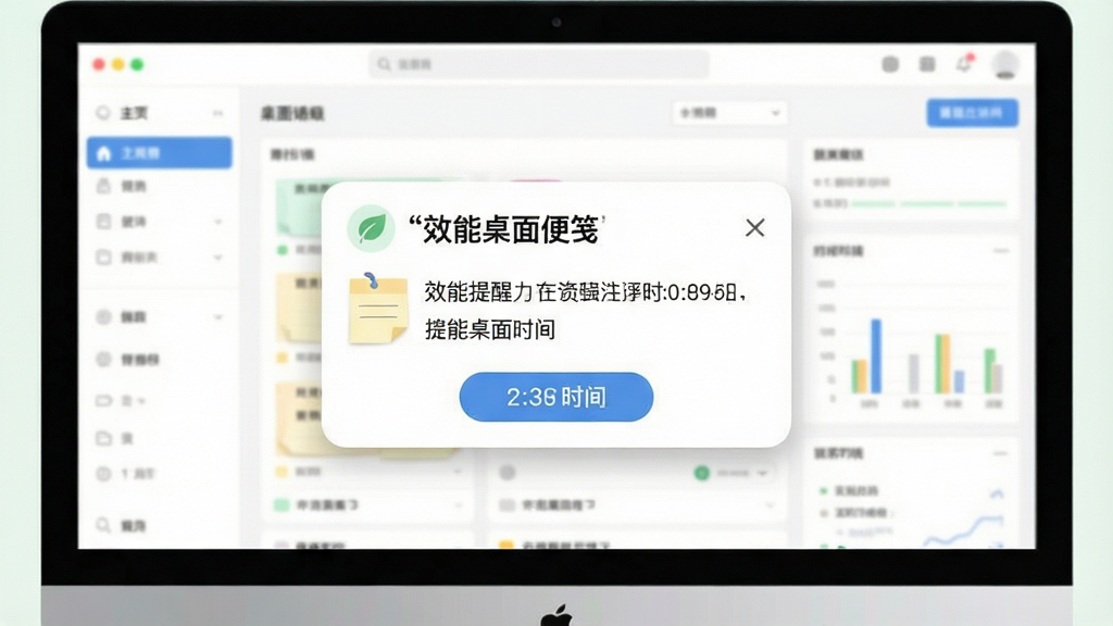 一张“效能桌面便笺”提醒功能示意图,主体是电脑屏幕弹出一条提醒通知,显示便签内容和时间,背景是软件主界面,布局为屏幕中央弹出提醒,排版简洁,风格清新,细节展示通知框的圆角和按钮,画质干净,无多余元素