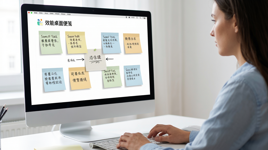 一张“效能桌面便笺”使用场景图,主体是用户正在电脑前操作,屏幕上显示多张便签,布局为侧面视角,风格写实,细节展示便签内容,画质清晰,干净无多余元素