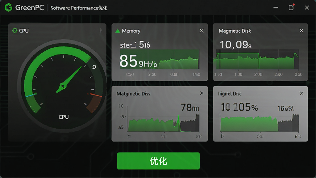 GreenPC���������Ż����棬չʾCPU���ڴ桢���̵�ʹ�����Ǳ��̣��·����Ż���ť����������ɫ����������ɫ����ͼ�Σ��Ƽ���ǿ���������������ֺ������޶���Ԫ��