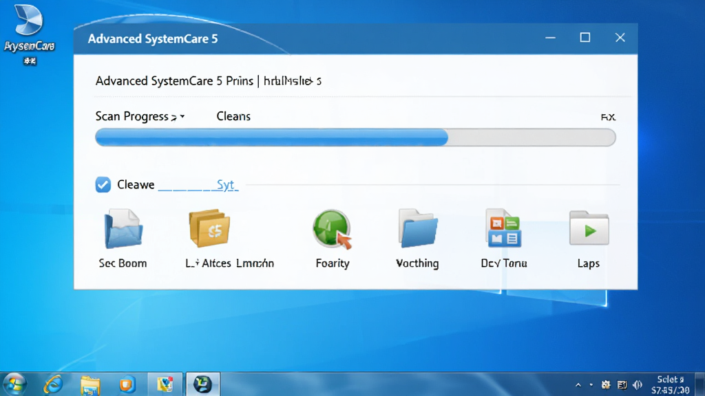 չʾAdvanced SystemCare 5���������ļ��Ķ�̬���棬ɨ������������ƽ����·��г��������������ļ����ͼ�꣬����Ϊ�ɾ���Windows���棬����ɫ����ɫΪ��������ϸ�壬�޶���Ԫ��