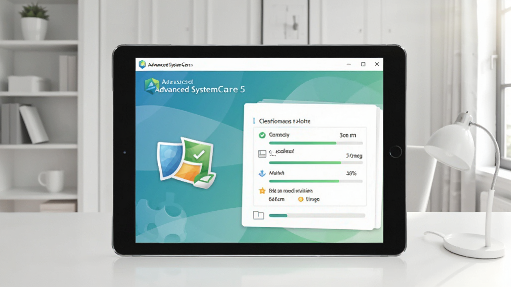չʾAdvanced SystemCare 5��ƽ����������еĽ��棬��Ļ��ʾ�������ٽ��������Ϊ��Լ�鷿������ɫ�������������������޶���Ԫ��