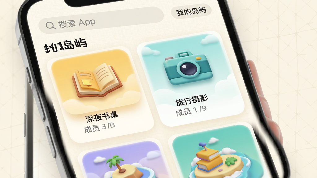 ���壺������App�ġ���Ȥ���족���棬��Ļչʾ�����ͬ����ĵ��쿨Ƭ��ÿ����Ƭ�ж��ص�ͼ���ɫ�ʣ��硰��ҹ������Ϊů��ɫ�鱾ͼ�꣬��������Ӱ��Ϊ����ɫ���ͼ�ꡣ���֣��ֻ���Ļƽ�ӣ���Ƭ���ٲ�����ʽ���У�����Ϊ���ŵ��װ�ɫ����ϸ΢�������������Ű棺ÿ�����쿨Ƭ�·���ʾ�������ƺͳ�Ա�����������������͡��ҵĵ��족��ڡ�������²廭�磬������3DԪ�أ�ɫ�����쵫�����ۣ�����ɾ���ˬ��ϸ�ڣ���Ƭ��Ե��΢�⣬ͼ����ϸ�����Ӱ�������������������ʣ�������Ⱦ�����洿�����޶���Ԫ�أ�ͻ������Ķ����Ժ���������