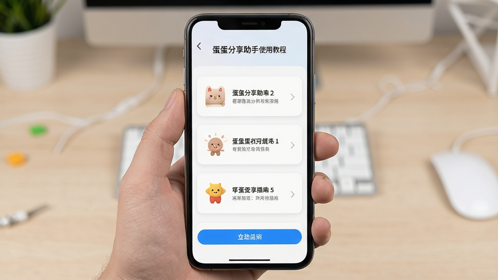 蛋蛋分享助手使用教程步骤图,手机屏幕显示操作指南,界面简洁,步骤清晰,画质干净,无多余元素