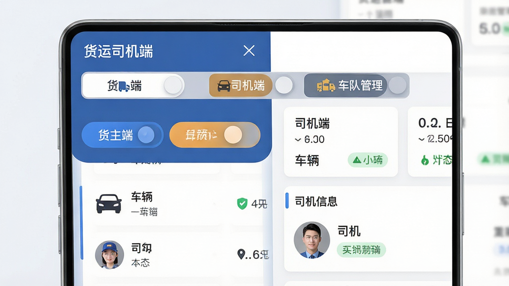 ���壺����˾����Ӧ�õĶ��ɫ�������棬��ʾ�������ˡ�����˾���ˡ��������ӹ����������л���ڣ��·��г����б���˾����Ϣ�����֣������Ϊ�������������Ϊ��ɫ�л��˵����Ҳ�Ϊ���������Ű棺����ͼ����������Ϣ�㼶����������ִ���ƽ����ƣ�ɫ�ʺ�г��ϸ�ڣ������С�����˾���ˡ���������ɫ�л���ť��������Ϣ��Ƭ��˾��ͷ���״̬��ǩ�����ʣ����壬�ɾ����޶���Ԫ�ء�