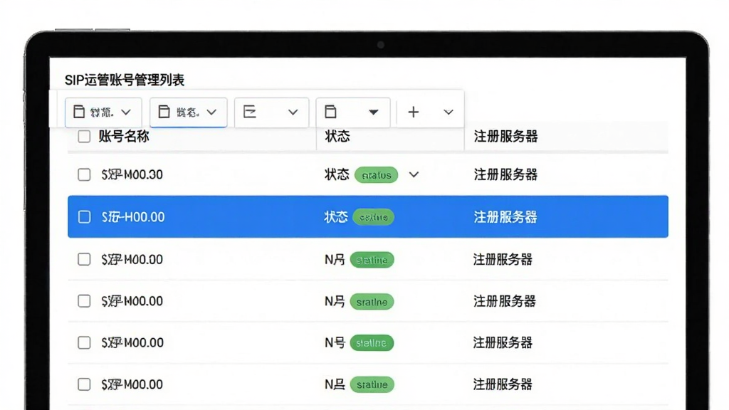 ����ΪSIP�˹��˺Ź����б�ҳ�棬����չʾ�����˺���Ϣ�������˺����ơ�״̬��ע��������У�����Ϊ����ɸѡ���������·����ݱ��񣬷��Ϊ��ˬ�����ɫ������ϸ�ڰ�����ɫ����ѡ������״̬��ǩ�����ʸɾ����޶���Ԫ��