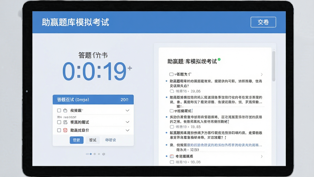 ��Ӯ���ģ�⿼��ҳ�棬��Ļ����ʾ����ʱ�ʹ��⿨������Ϊ����ɫ���Ծ���Ŀ�����ɼ������Ͻ��С���������ť��������רҵ����ɫ������Ϊ������ƽ����ƣ����ʸɾ����޶���Ԫ�ء�